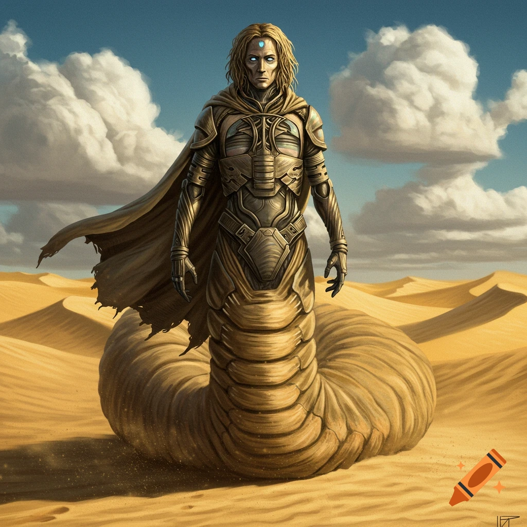 Leto II, the God Emperor of Dune, a human-sandworm hybrid, stands in a vast desert landscape under a blue sky.