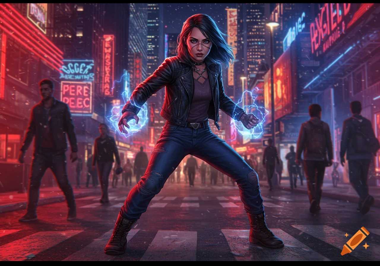 A superheroine with glowing blue energy around her hands stands in a cyberpunk city street at night, illuminated by neon signs.