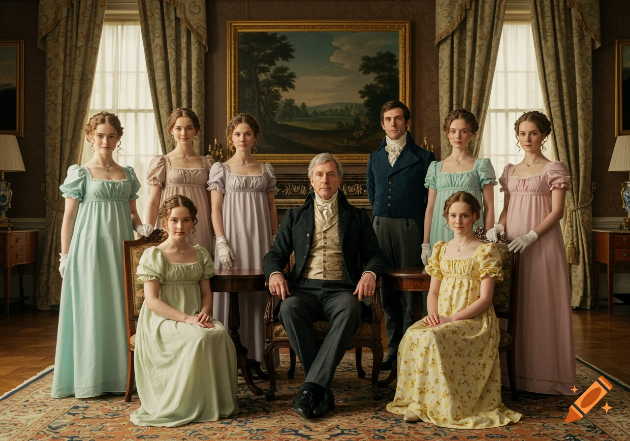 A large Regency-era family portrait features a man seated at a table, surrounded by six women and another standing man.