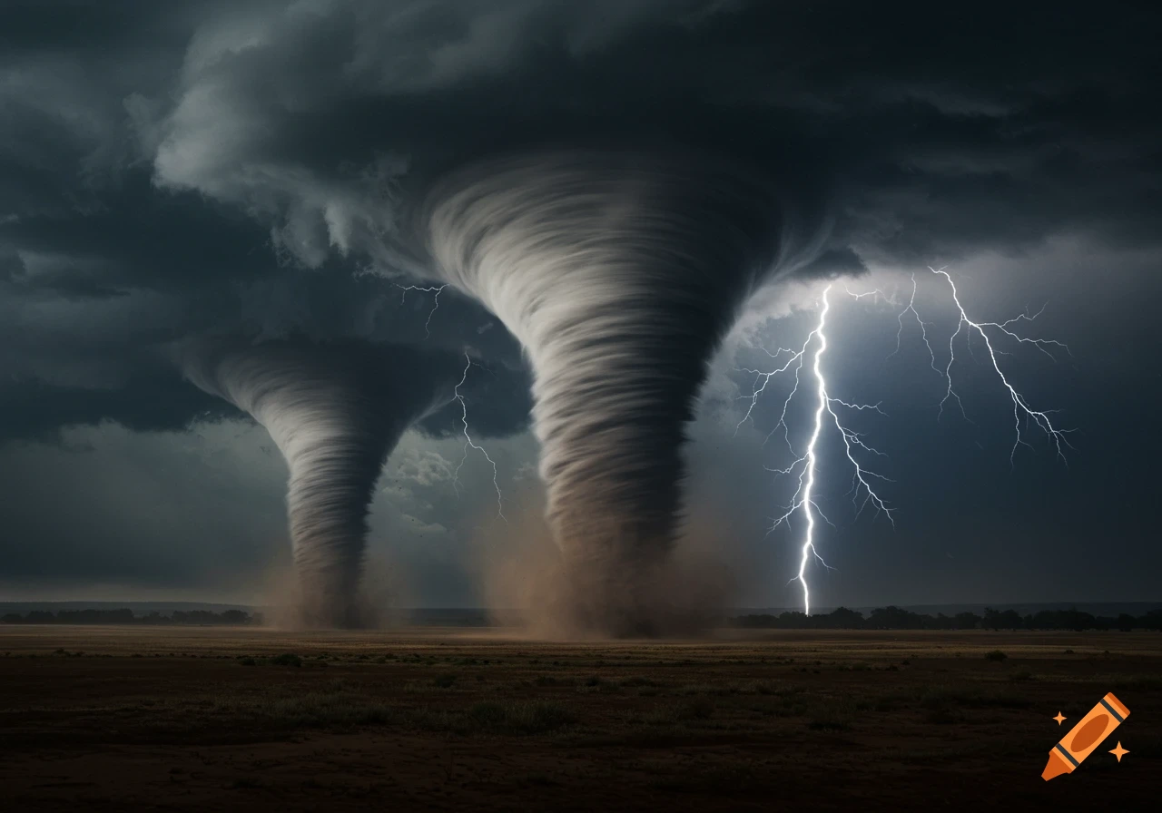 Two massive tornadoes churn across a vast, flat plain under a dramatic, lightning-filled stormy sky.