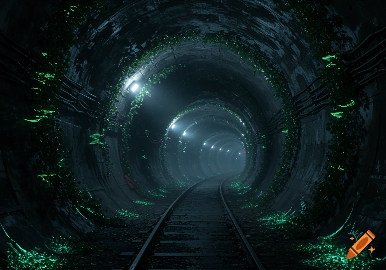 A dark, atmospheric tunnel with a railway track curving into the distance, illuminated by glowing green vines and soft overhead lights.