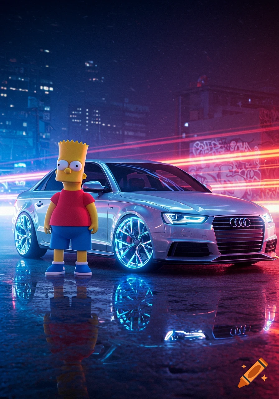 Bart Simpson stands next to a silver Audi A4 with glowing blue wheels on a wet street in a vibrant neon lit night city.