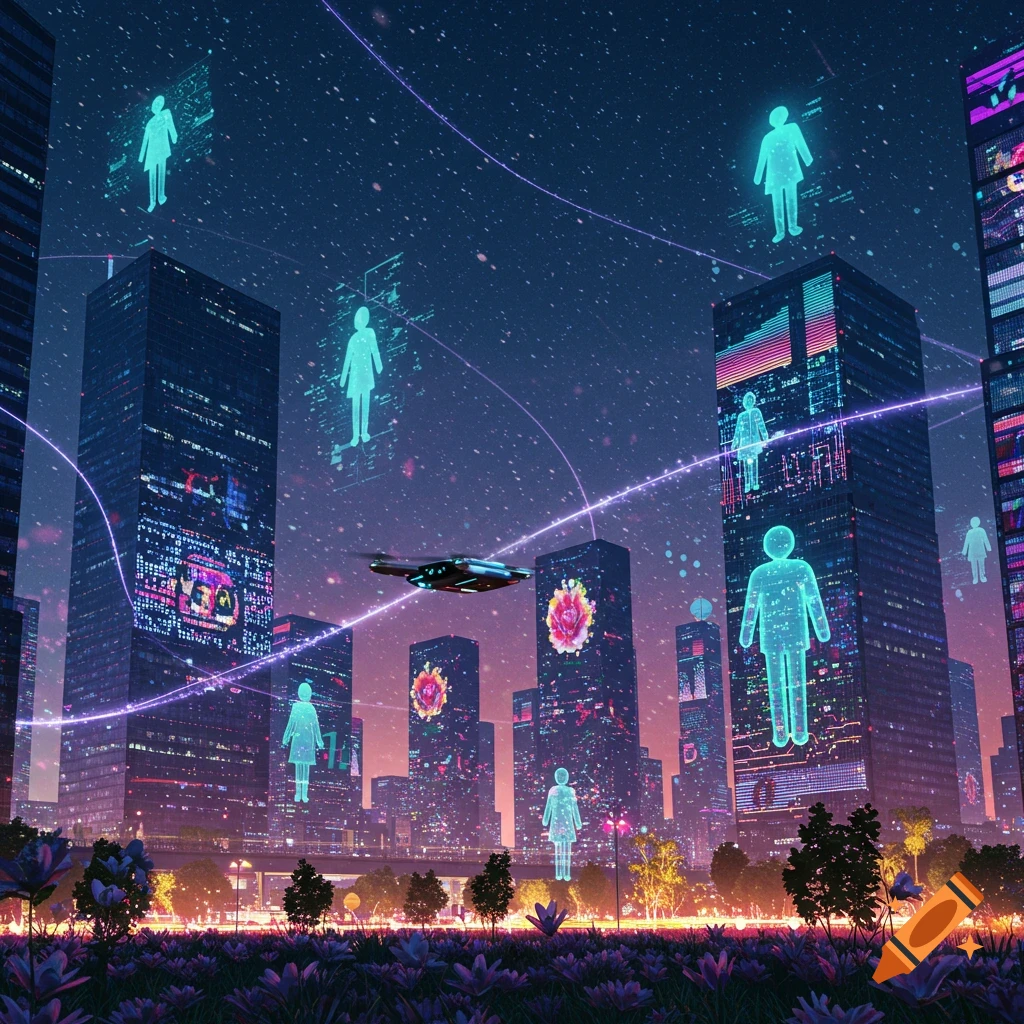 A vibrant, futuristic cityscape at night under a starry sky, with glowing holographic human figures, a drone, and illuminated buildings.