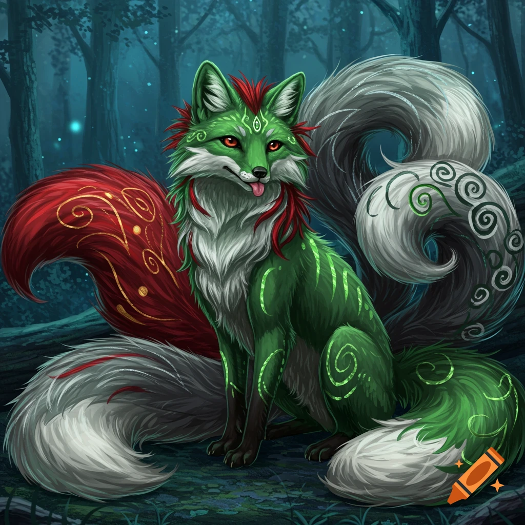 A green, multi-tailed fantasy fox with red and silver fur and a cheeky tongue out, sitting in a dark forest.
