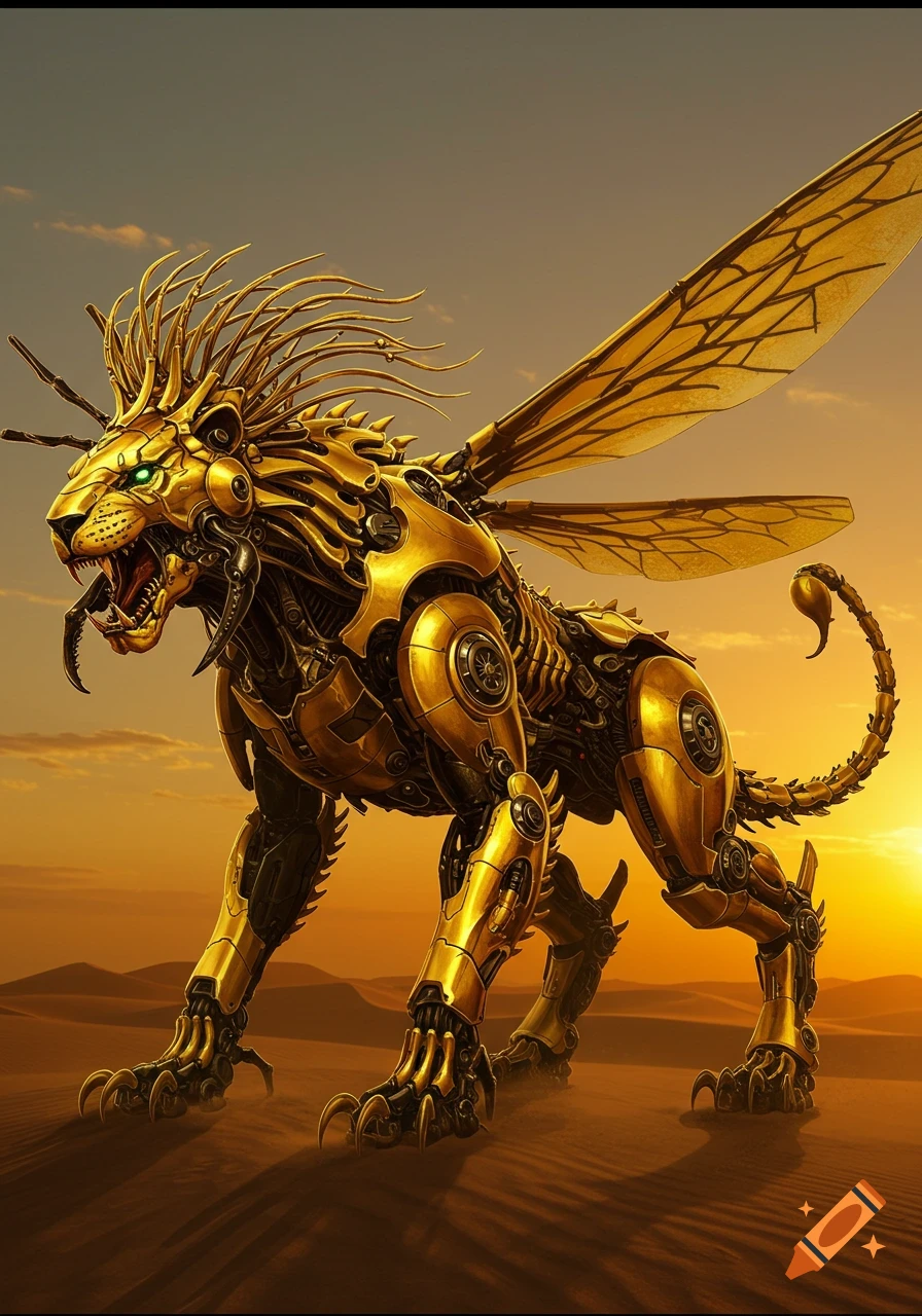 A golden biomechanical lion-like creature with bee wings and a scorpion tail stands in a desert at sunset.