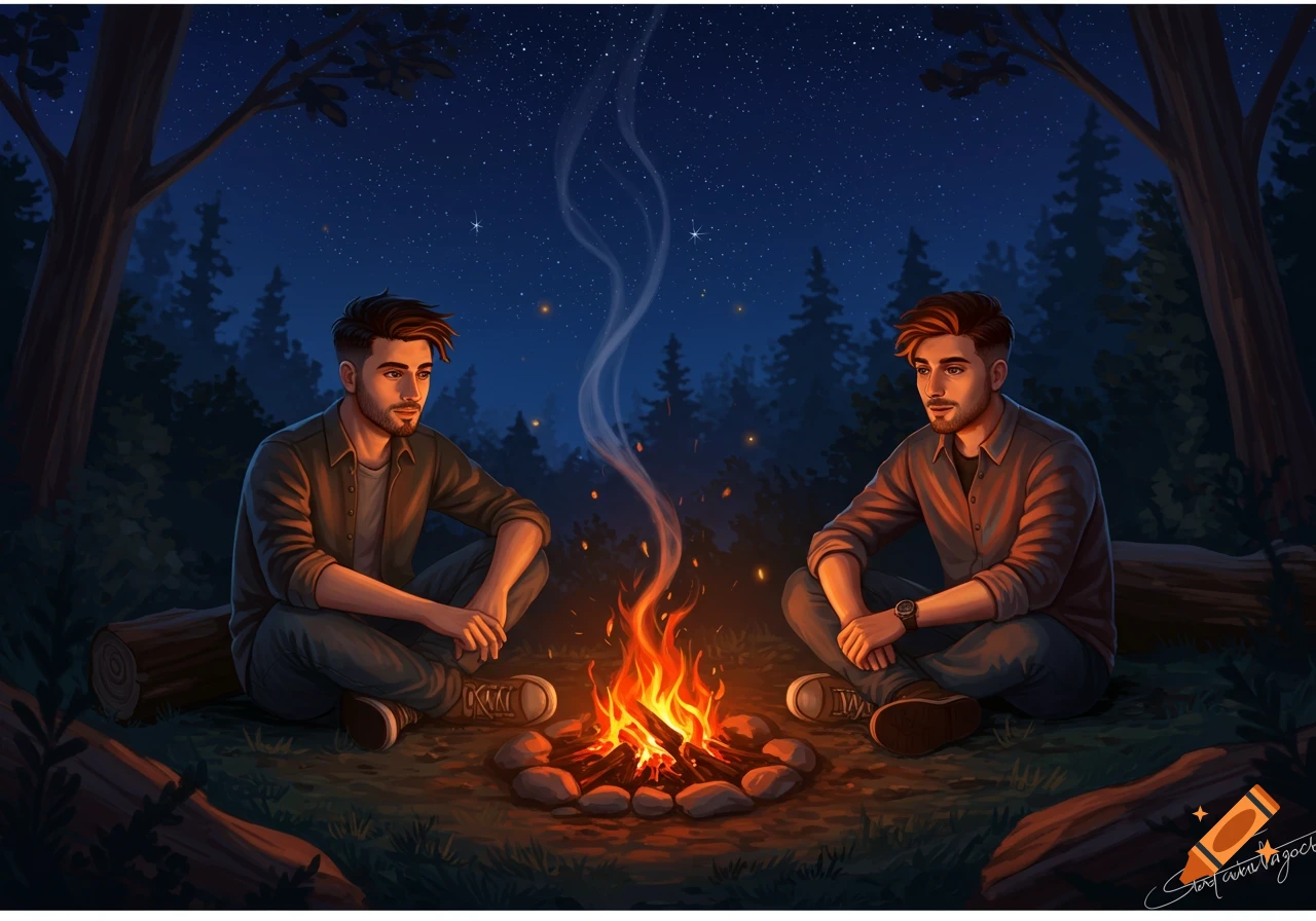 Two stylized men with short beards sit around a campfire at night in a dark forest under a starry sky.