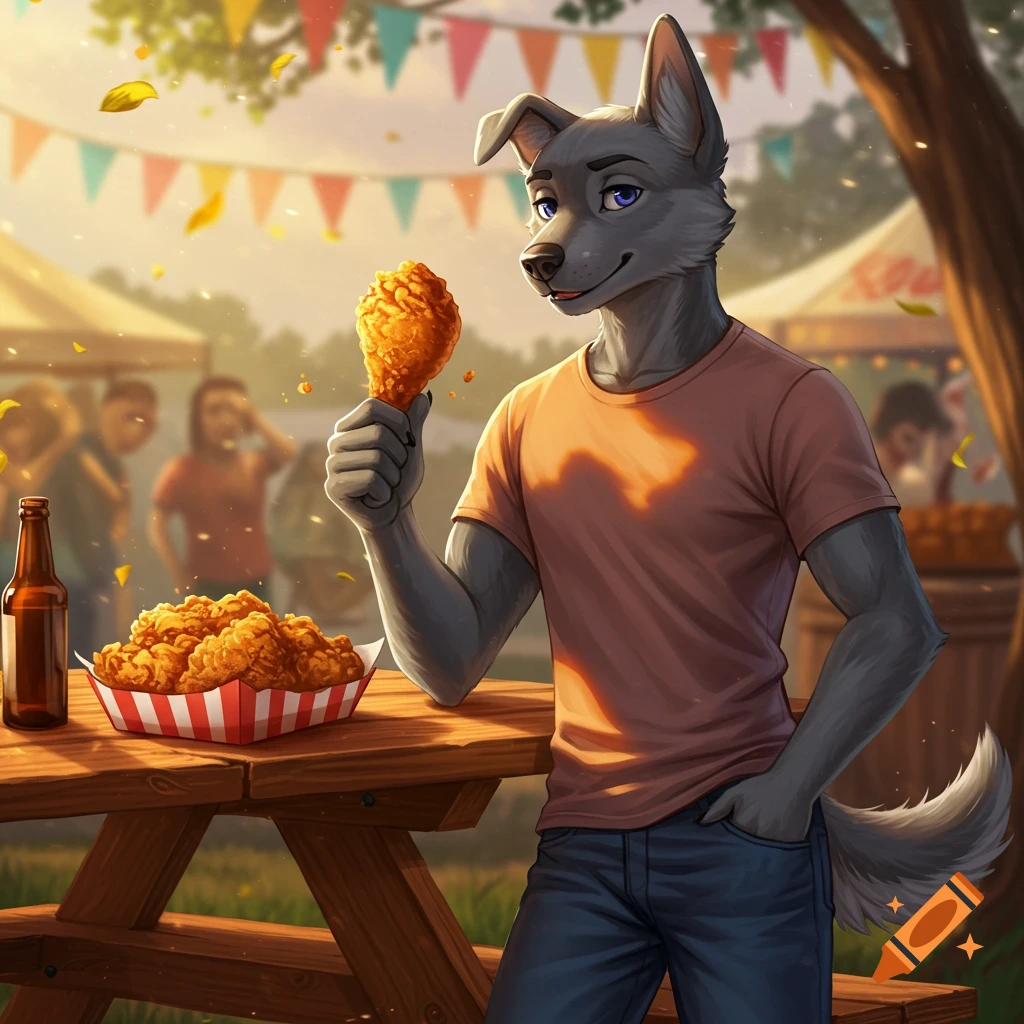 A grey furry dog character in a t-shirt and jeans holds a piece of fried chicken at an outdoor picnic.