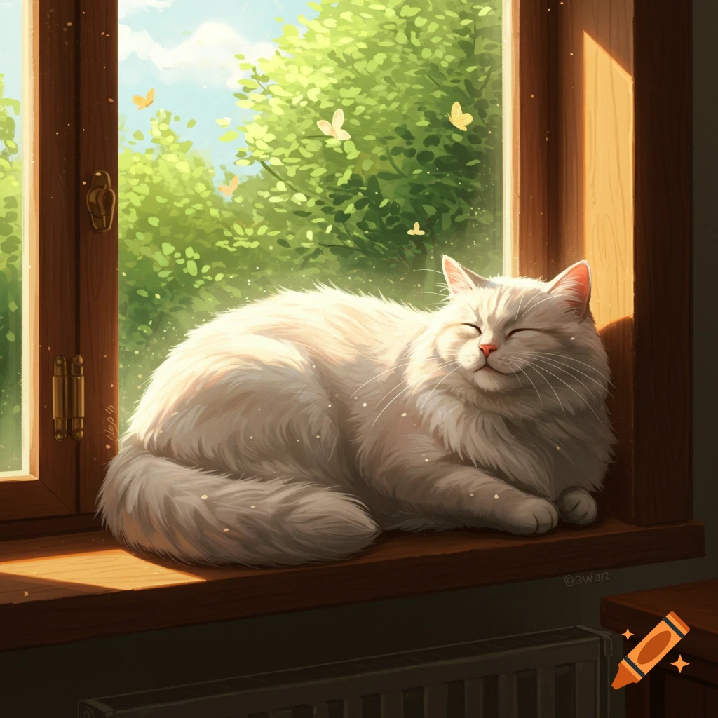 A fluffy white cat happily rests on a wooden windowsill, bathed in warm sunlight, with green trees and butterflies visible outside.