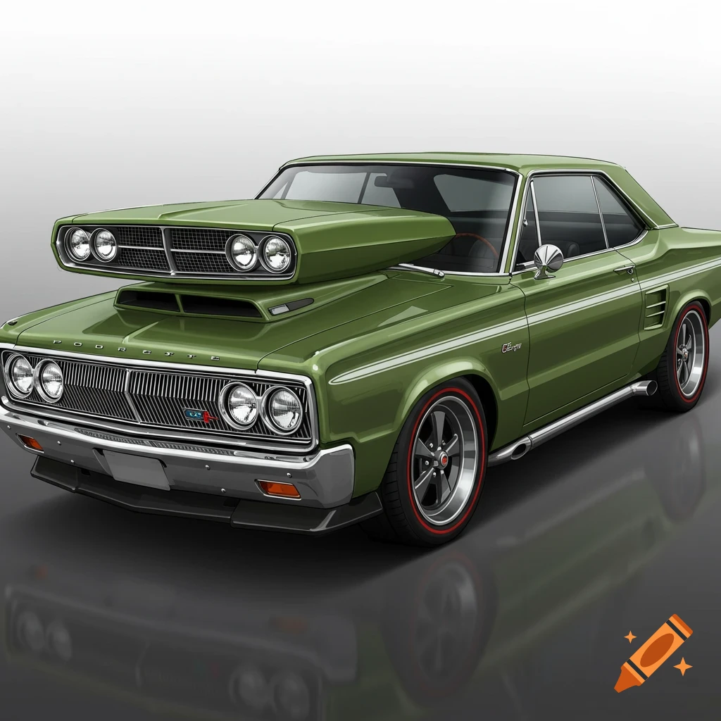 A custom green muscle car with a large hood scoop, side exhaust pipes, and redline tires, shown from a front-quarter angle.
