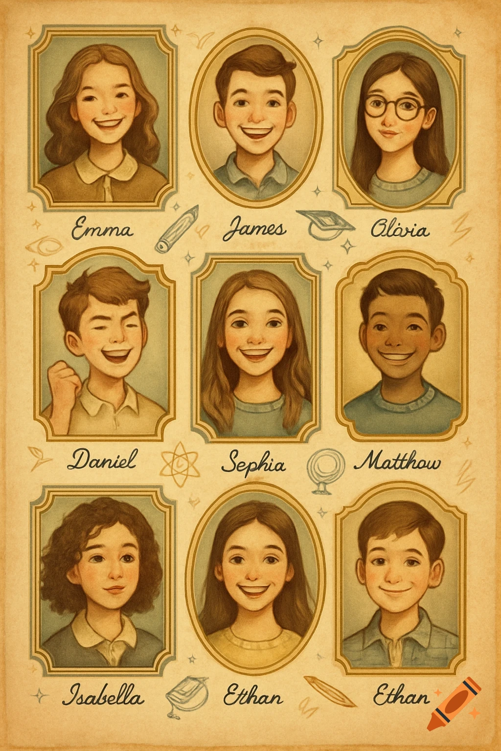 A vintage-style illustration of a yearbook page with nine framed portraits of smiling children and their names written below.