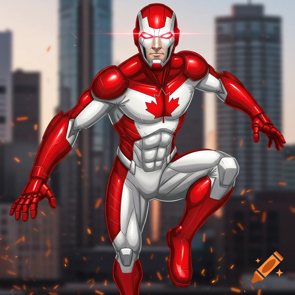 A superhero in a red and white armored suit with a maple leaf emblem, glowing red eyes, and a futuristic design.