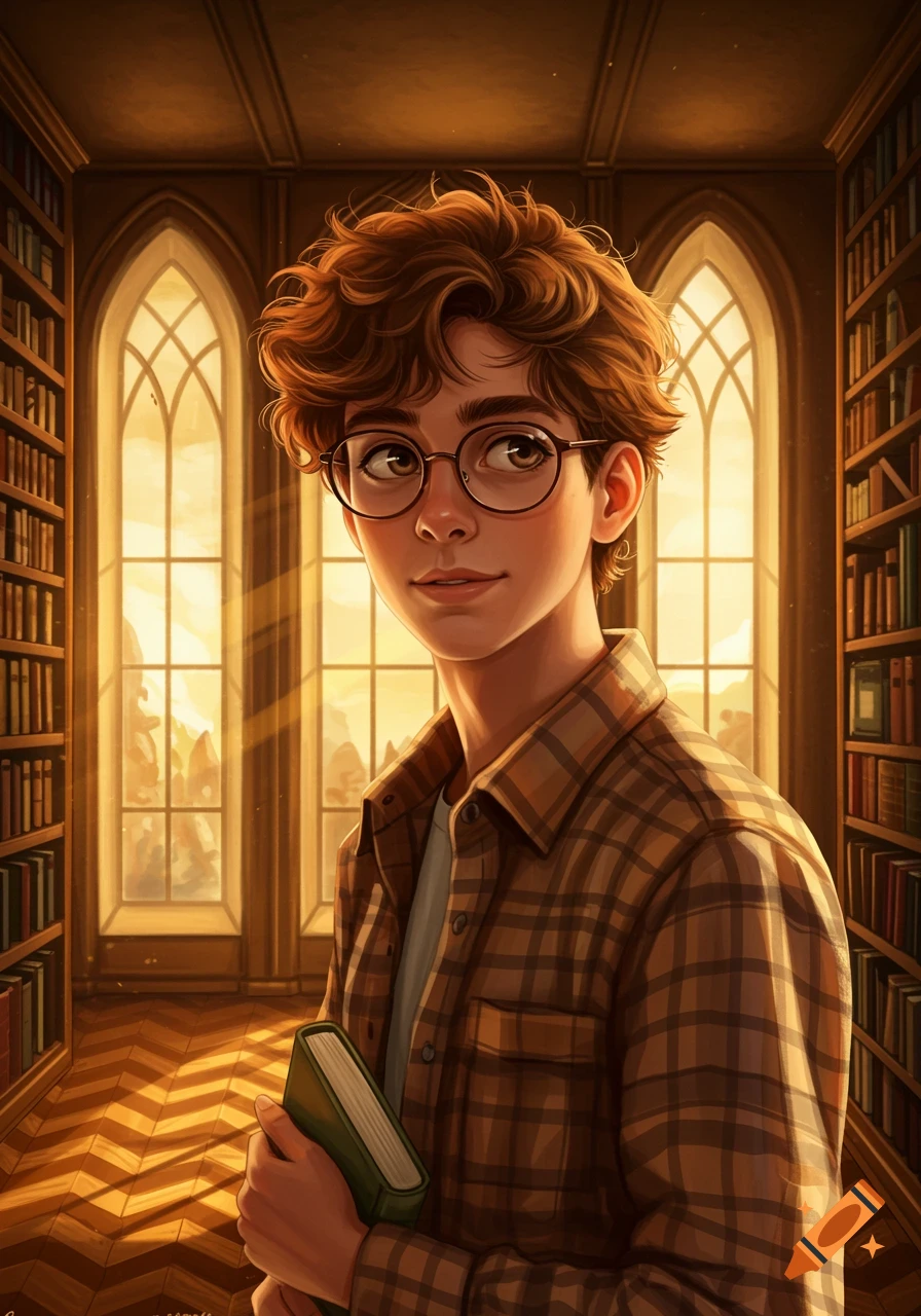 A young boy with curly brown hair and glasses holds a book in a sunlit library.