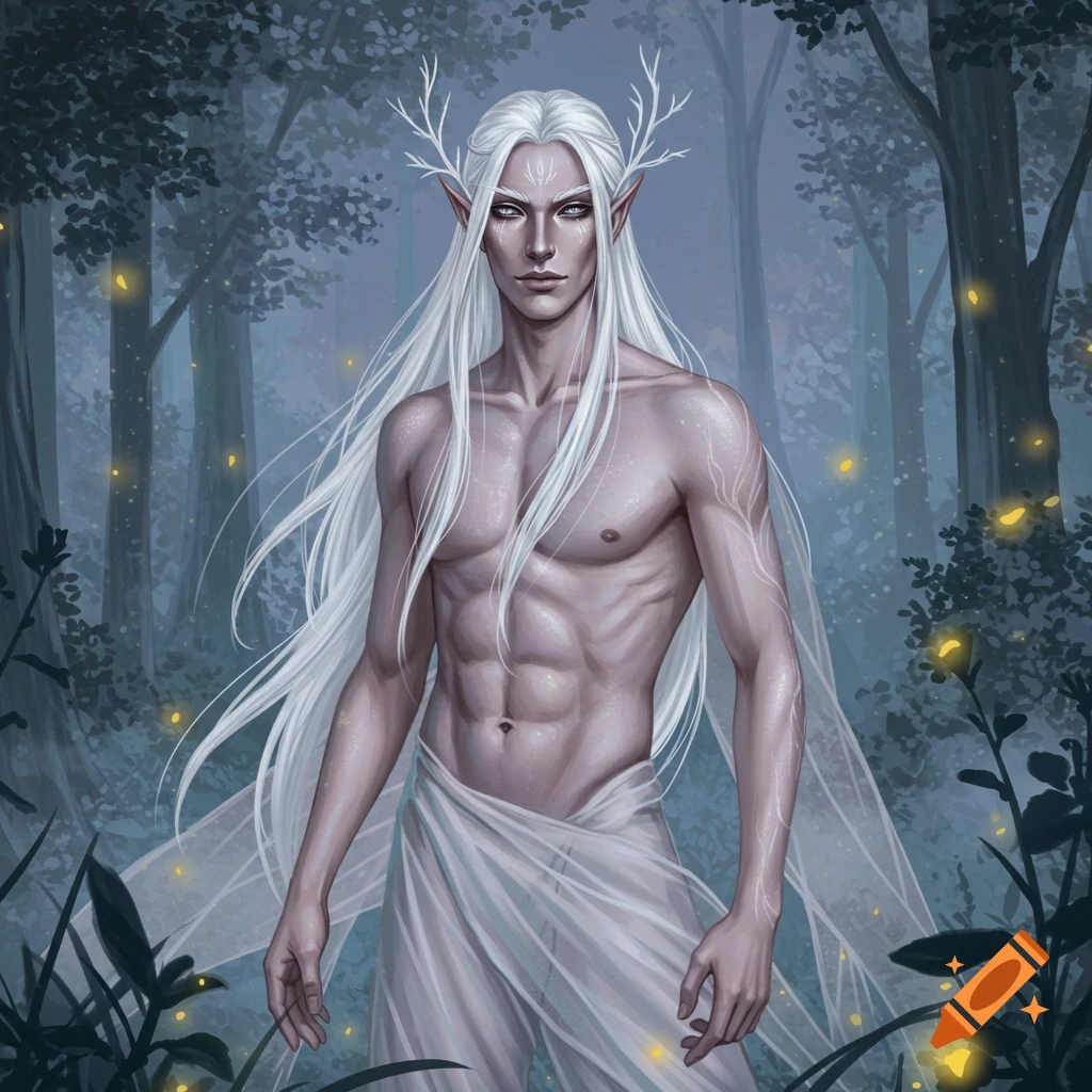 A striking male elf with long white hair, antlers, and glowing eyes stands in a dark, mystical forest, wearing white drapes.