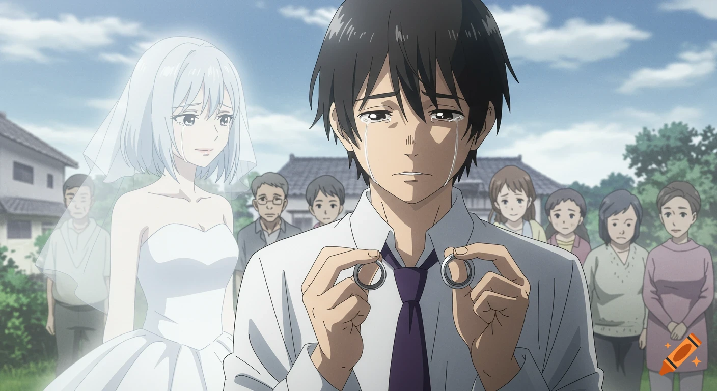 An anime man cries while holding two wedding rings, as a ghostly woman in a wedding dress stands beside him, with onlookers behind.