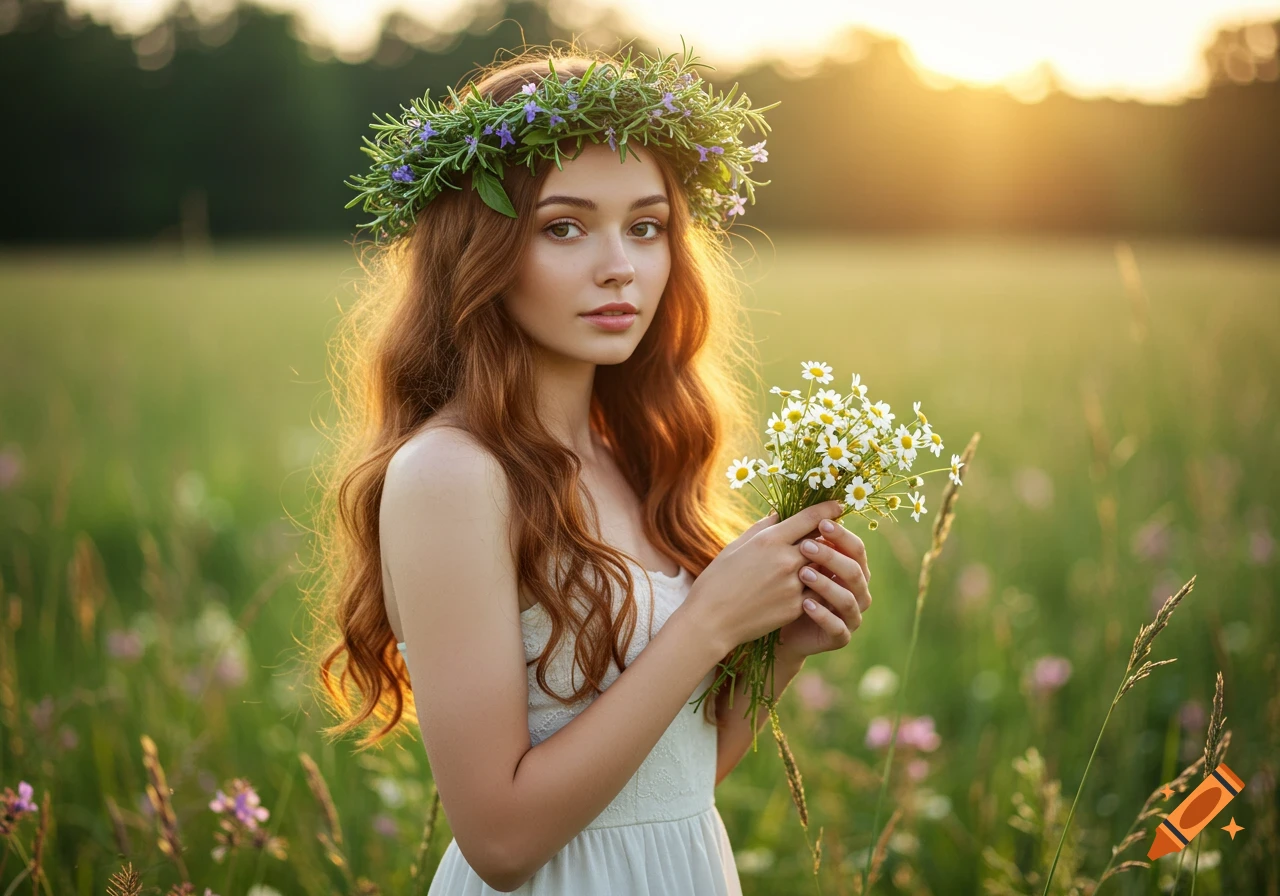 A young woman with long red hair and a floral wreath holds a bouquet of daisies in a sunny field at sunset.