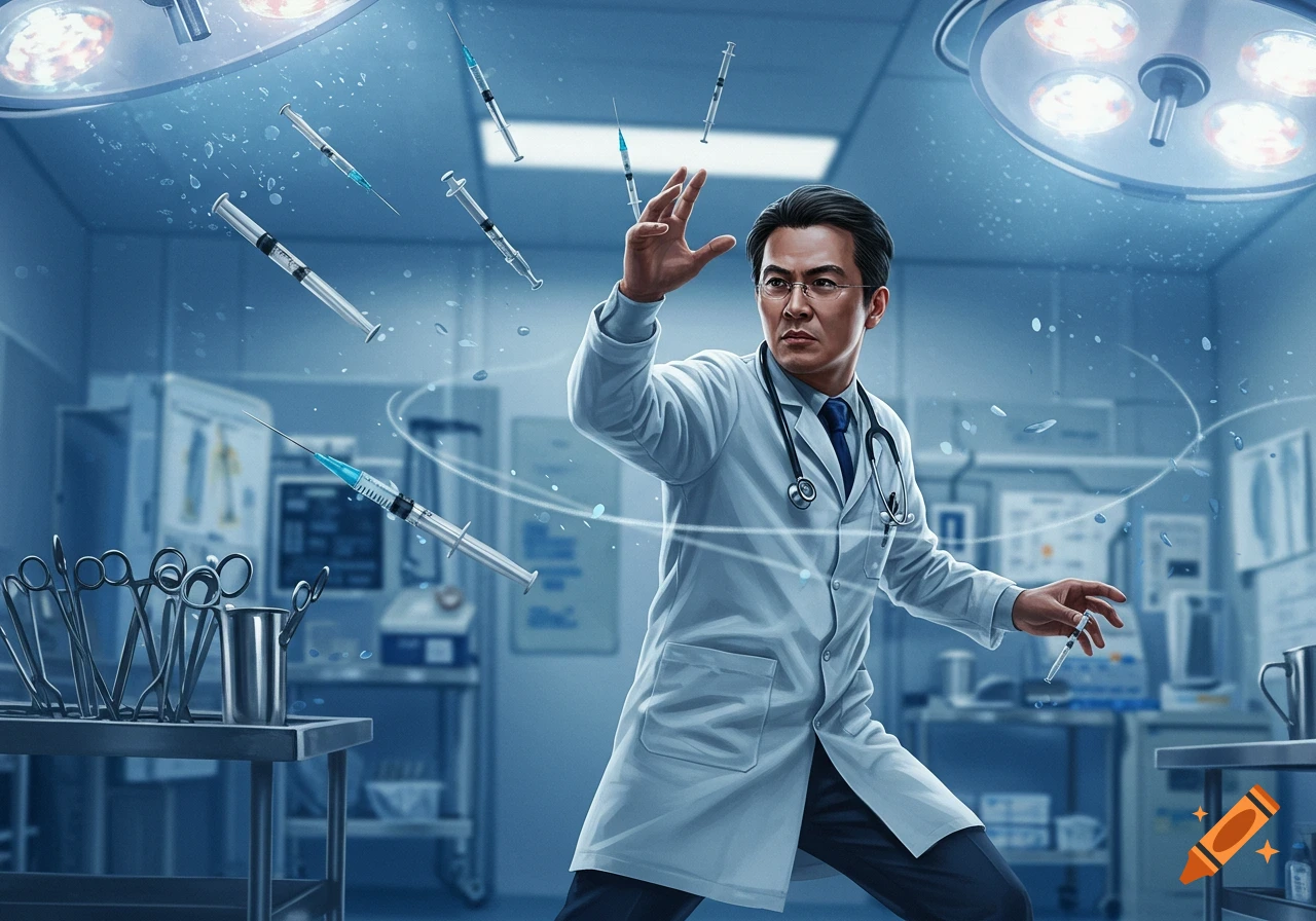 A serious-looking doctor in a white coat manipulates floating syringes in an operating room, digital art.