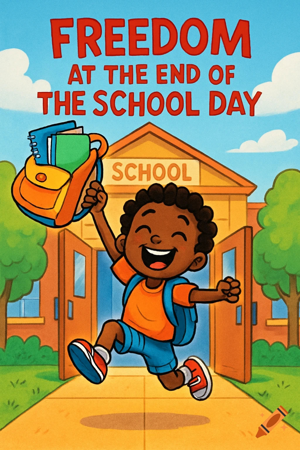 A cheerful cartoon boy with a backpack jumps out of a school building at the end of the day.