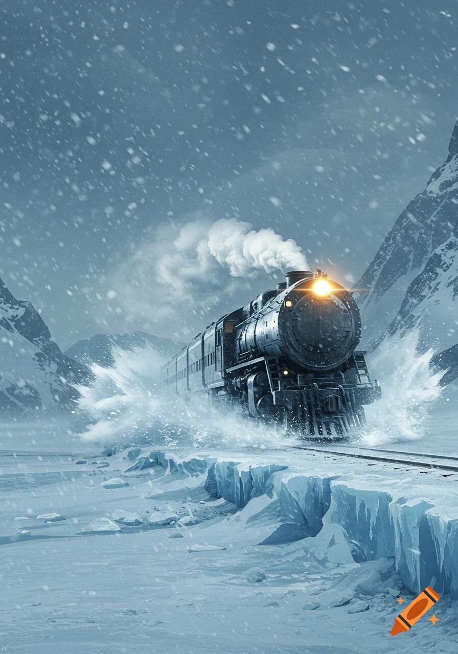 A powerful train speeds through a heavy snowstorm in a winter mountain landscape, kicking up snow and ice.