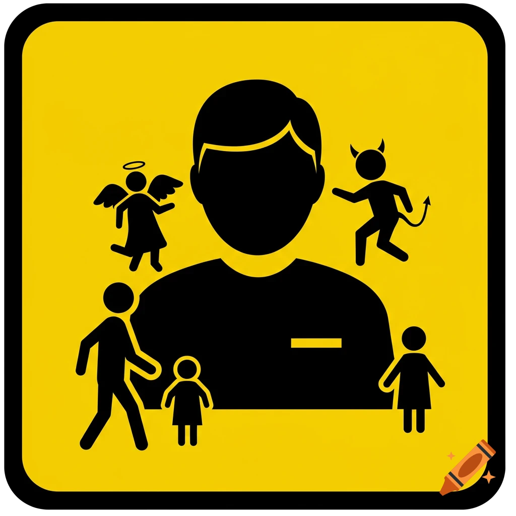 A minimalist black and yellow icon showing a person with an angel on one shoulder and a devil on the other, symbolizing moral choice. Below are silhouettes of an adult and two children.