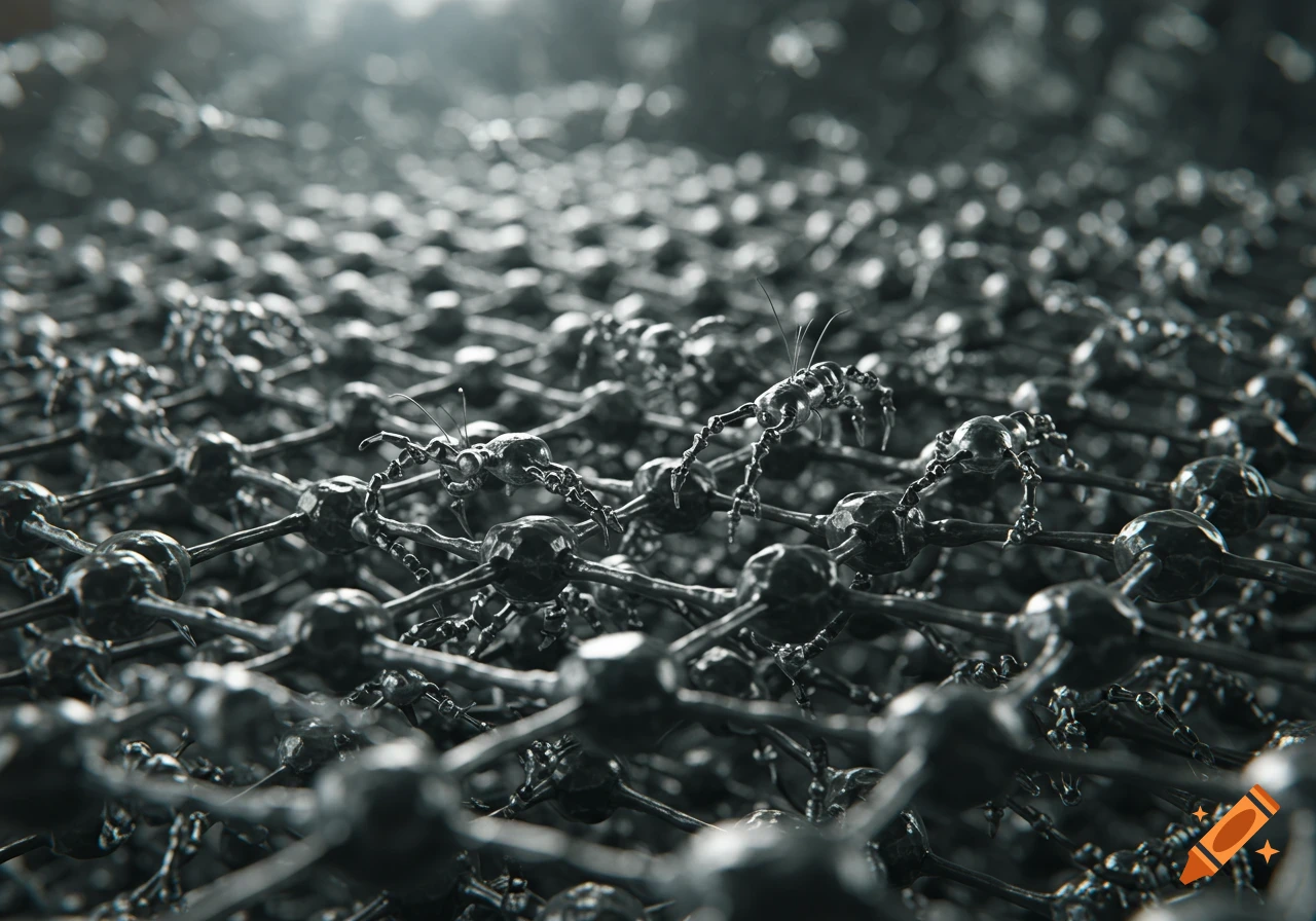 Photorealistic close-up of silvery nanorobots crawling across a lattice of carbon nanotubes.