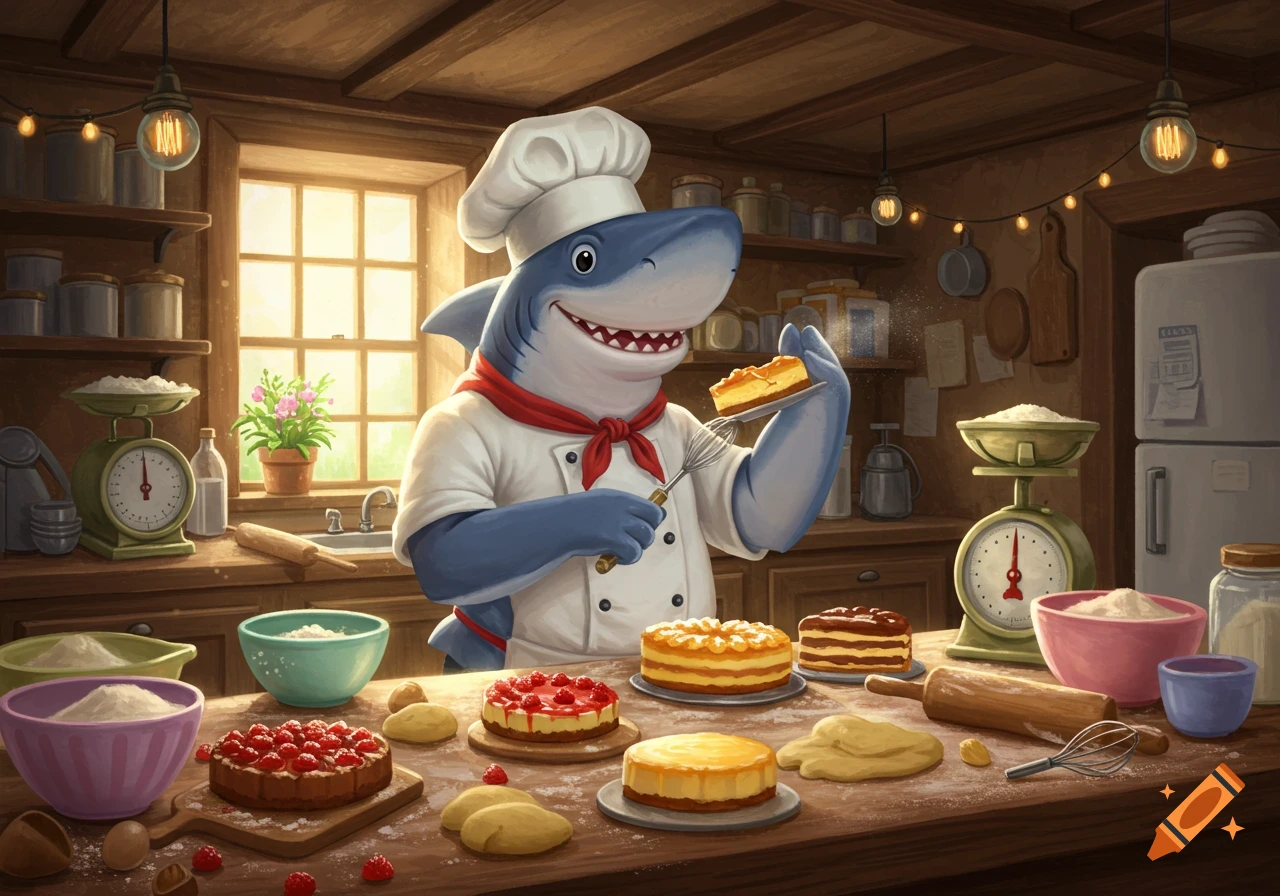 A cartoon shark chef in a rustic kitchen holds a slice of cheesecake, surrounded by cakes and baking supplies.