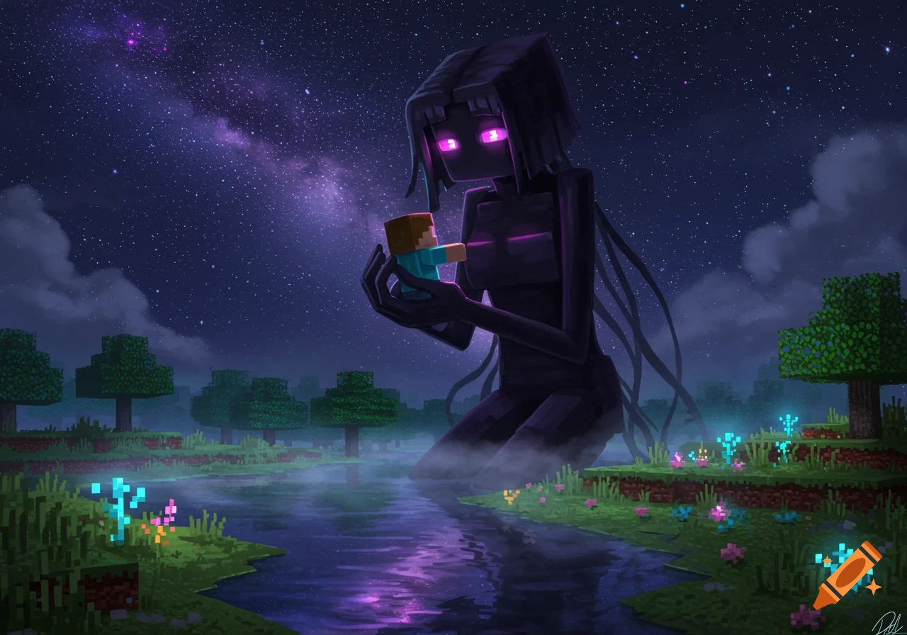 A giant Enderman holds a tiny Steve in a glowing Minecraft landscape under a starry purple night sky.