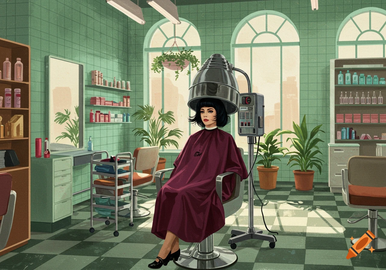 A woman with short dark hair sits under a hair dryer in a vintage green-tiled beauty salon.