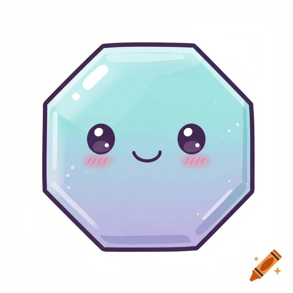 A cute, shiny blue and purple cartoon octagon with large black eyes, rosy cheeks, and a smiling mouth on a white background.