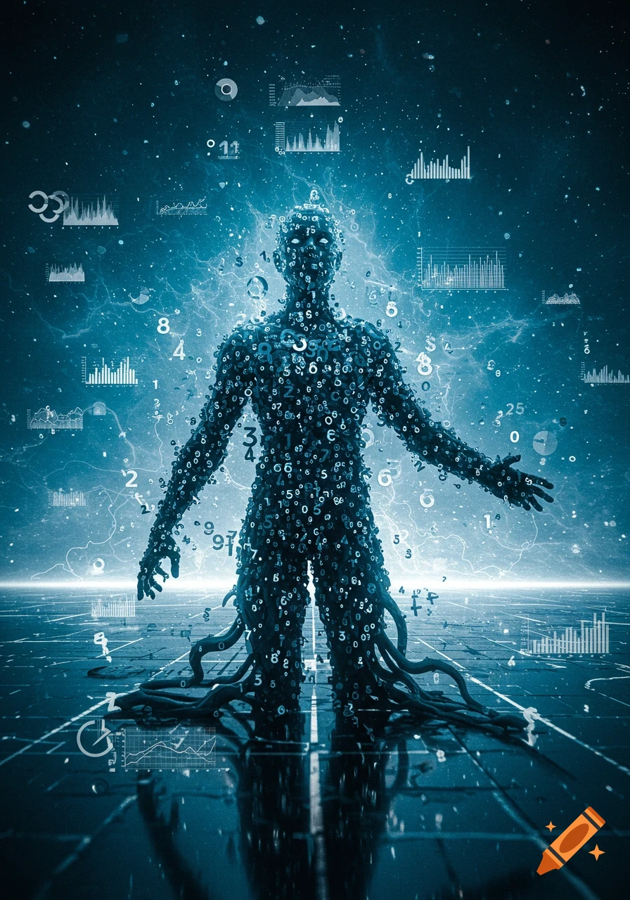 A glowing, human-shaped figure made of numbers stands in a digital landscape with floating data graphs, in shades of blue.