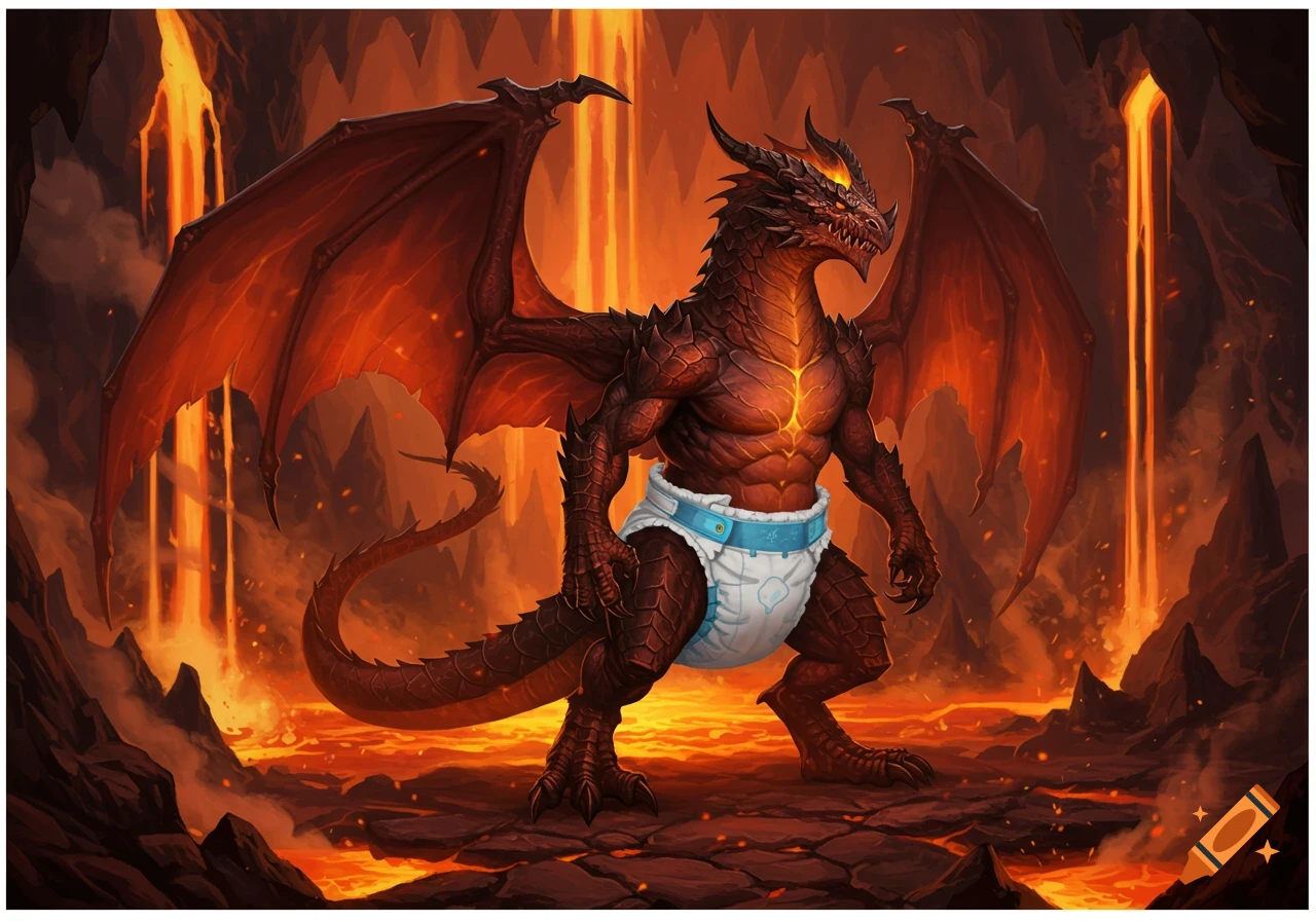 A muscular red dragon wearing a white diaper stands in a fiery, lava-filled volcanic landscape. Digital art.
