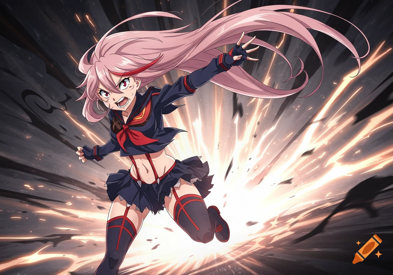 Anime girl with long pink hair in a dark blue uniform lunging forward amidst an explosive background.
