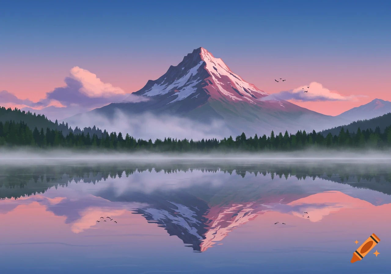 Stylized illustration of a snow-capped mountain reflecting in a misty lake at sunrise, surrounded by evergreen trees.