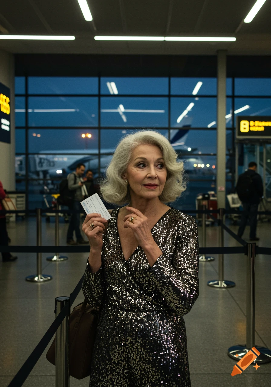 An elderly woman with gray hair in a sequin dress holds a plane ticket at an airport.