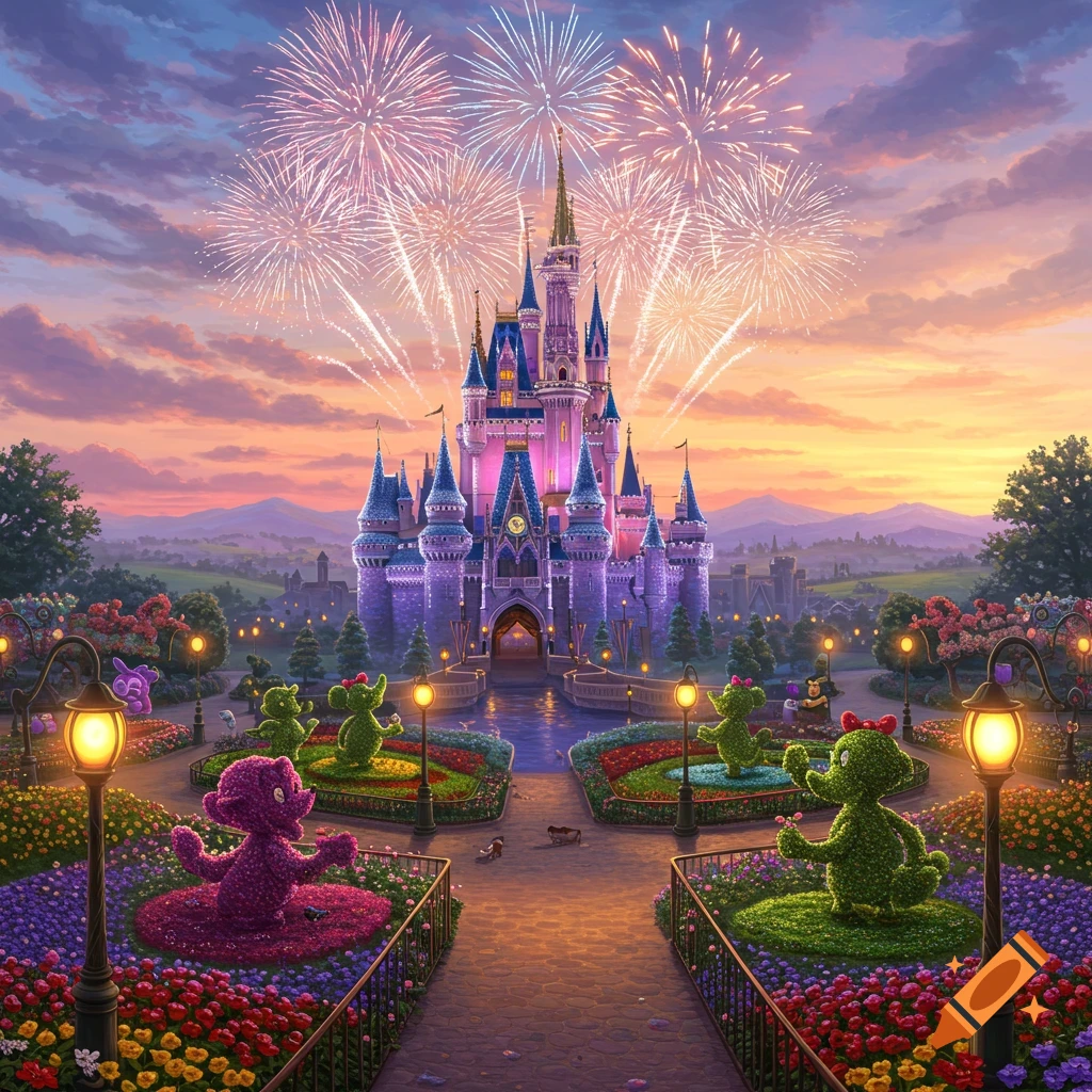 A vibrant fantasy castle, illuminated in pink and purple, with fireworks exploding above. Lush gardens with animal topiaries at sunset.