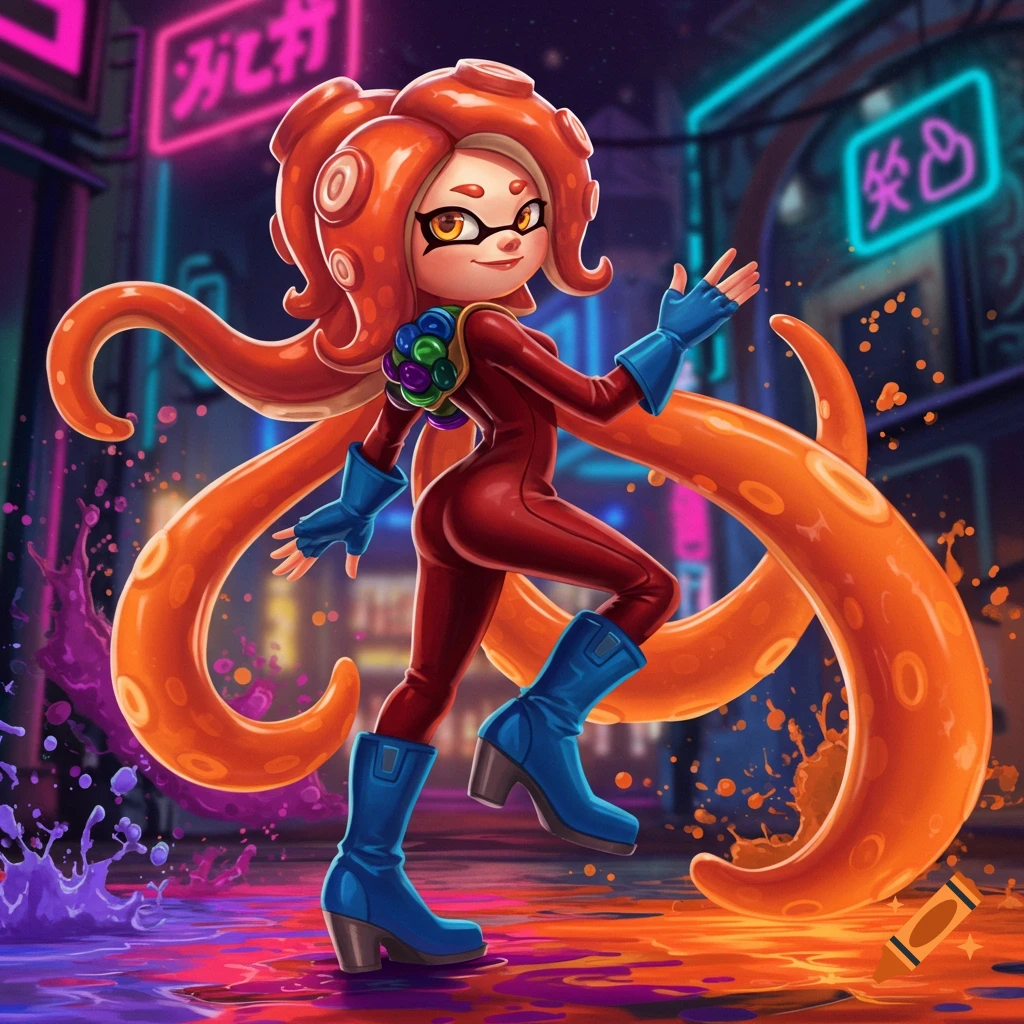 An Octoling girl from Splatoon in a red tight suit, blue boots, and gloves, with orange tentacles, poses in a neon-lit city street.