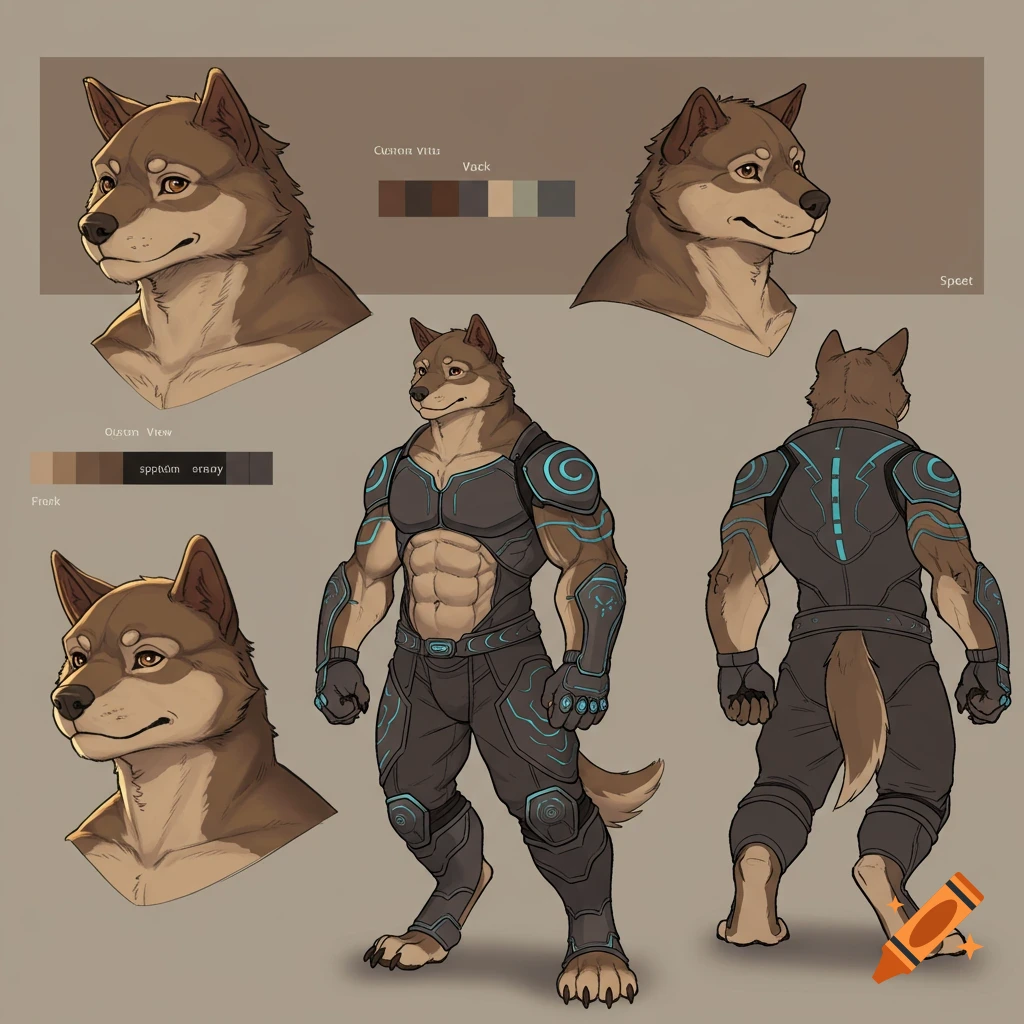 Reference sheet for a buff anthropomorphic dog character in futuristic armor, showing front, back, and head views in an illustrative style.