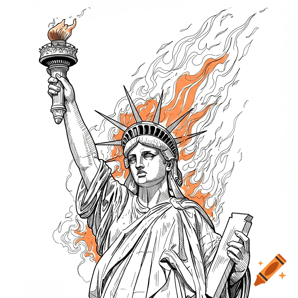 Line drawing of the Statue of Liberty with orange flames rising behind her and from her torch.