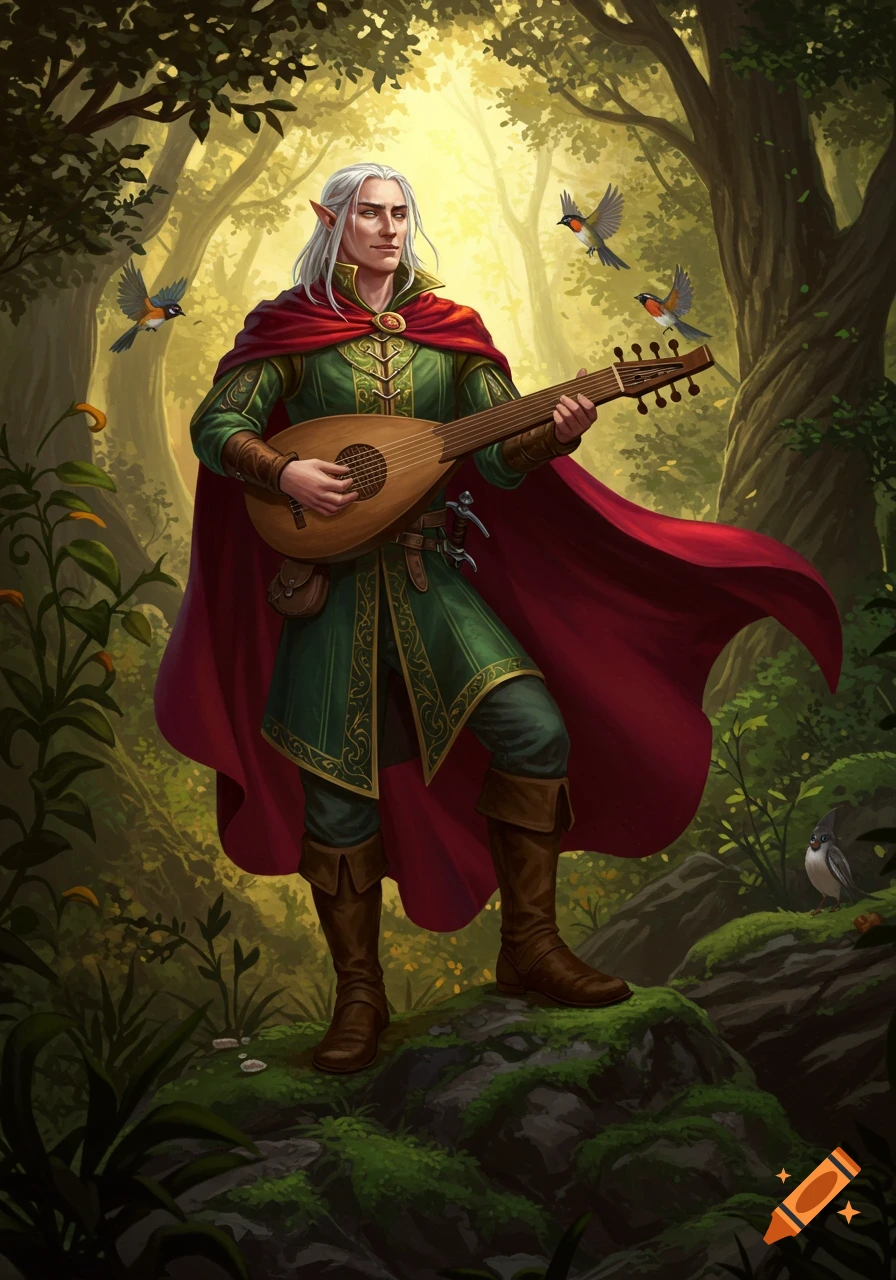 An elf bard with long white hair and a red cape plays a lute in a sunlit forest, surrounded by small birds.