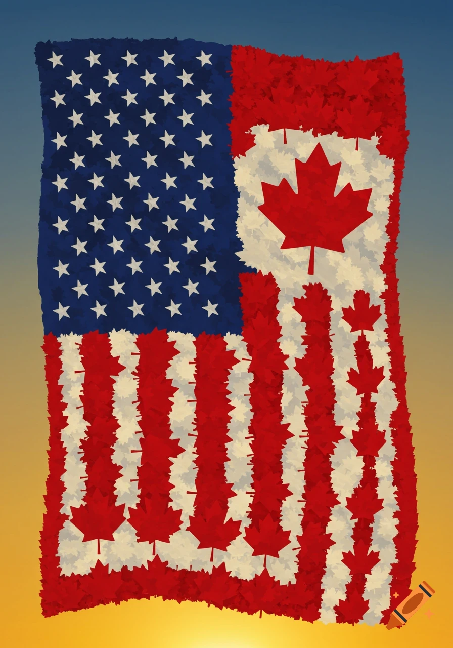 A stylized flag combining elements of the US and Canadian flags, made of small leaves, against a blue and orange gradient background.