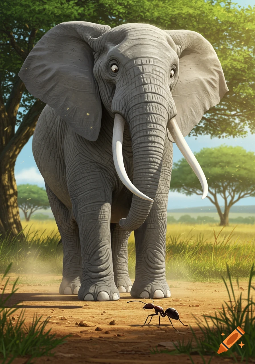 A large, wide-eyed elephant stares down at a tiny ant on a dirt path in a sunny savanna.