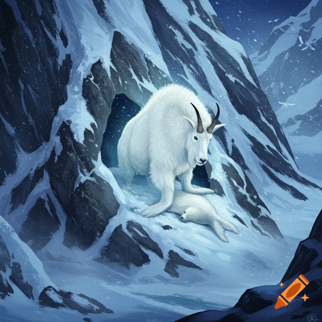 A white mountain goat stands over a white, seal-like creature in a snowy, blue mountain landscape at night, with snowflakes falling.