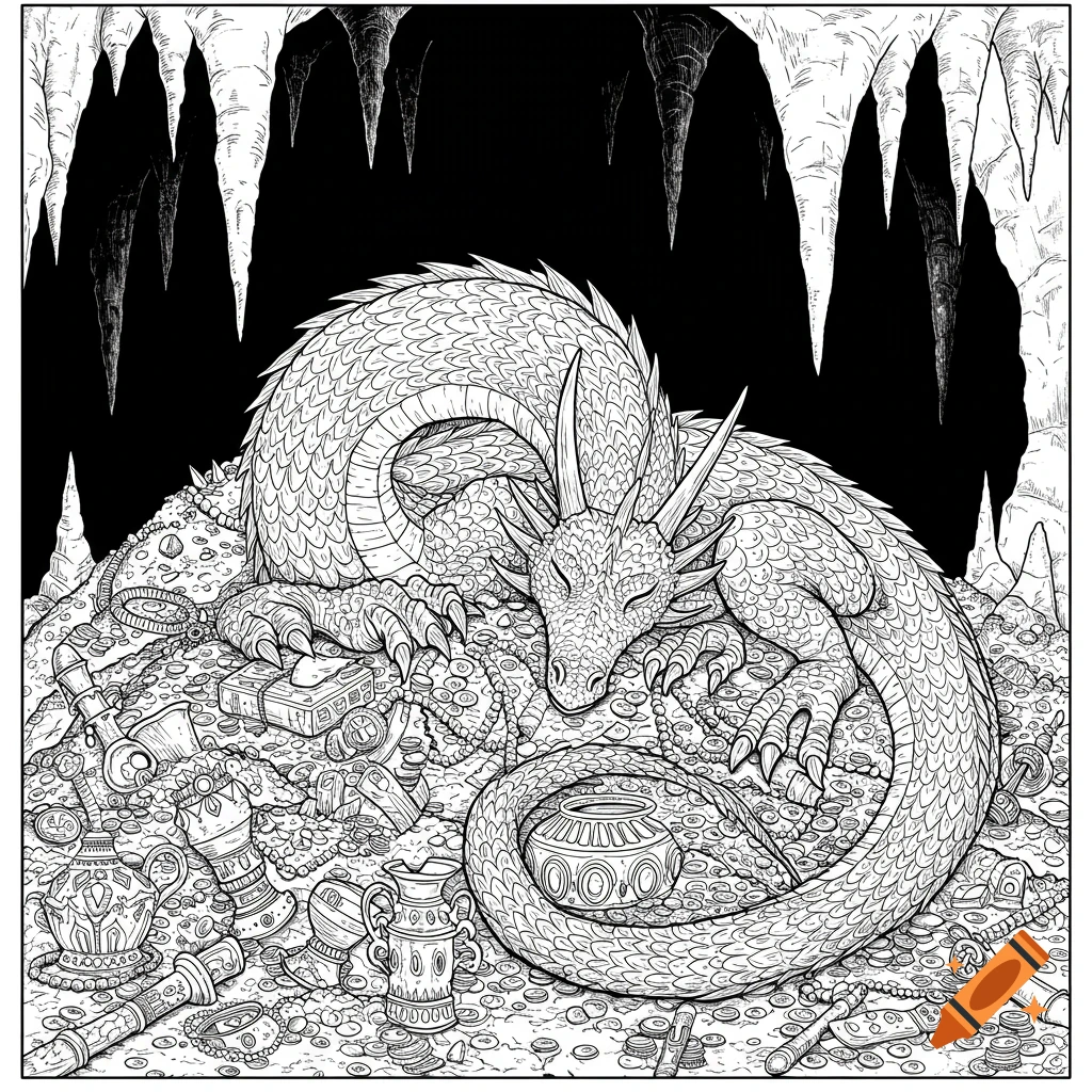 Detailed black and white ink drawing of a majestic dragon sleeping on a pile of ancient treasure in a dark cave.