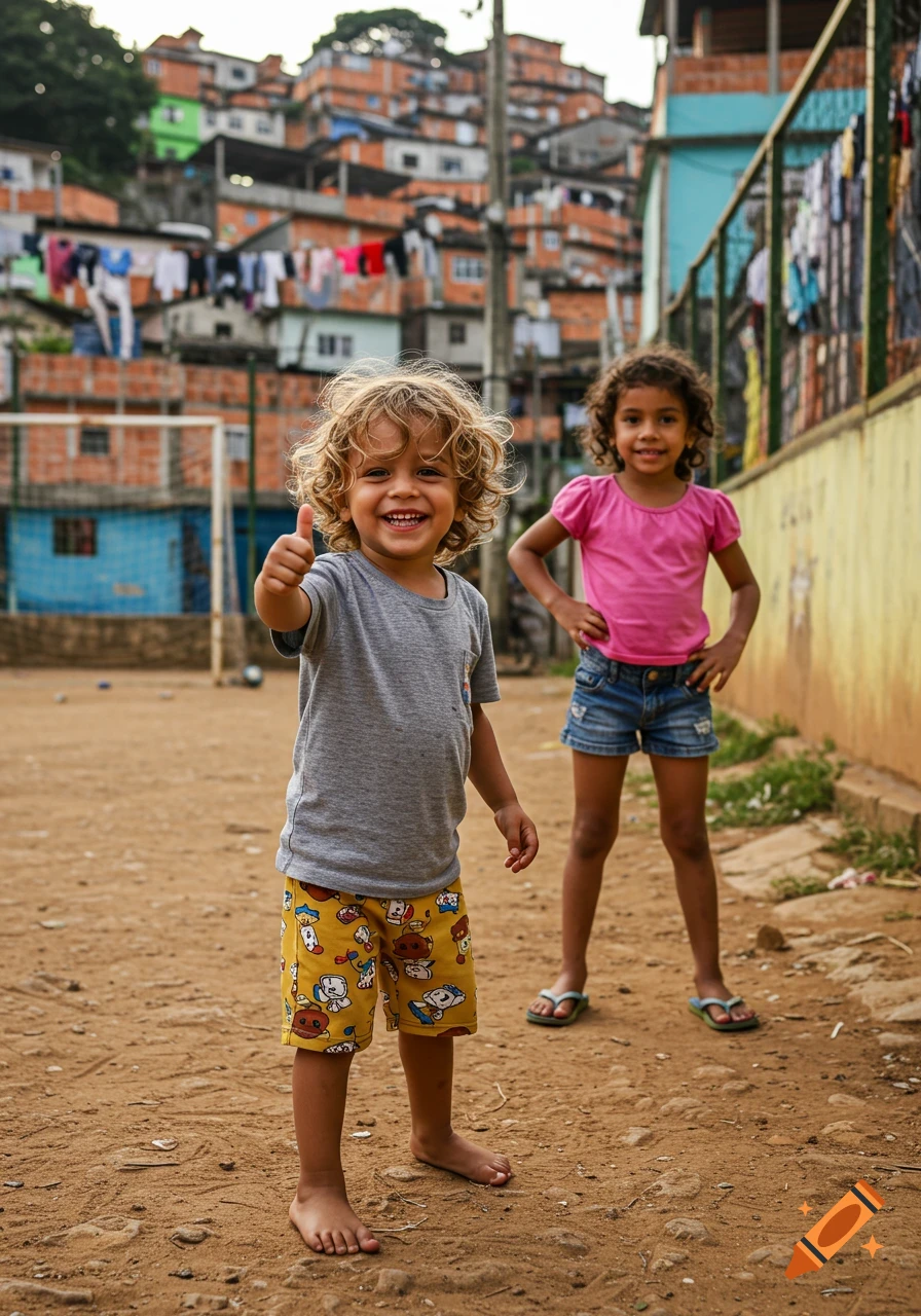 A smiling child with curly blonde hair gives a thumbs up while standing barefoot in a dirt favela street, with another child in the background. Photorealistic style.