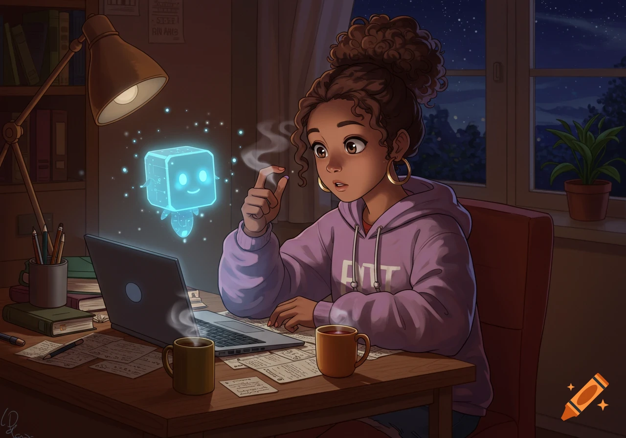 Anime-style girl at a desk at night, interacting with a glowing blue cube hologram above her laptop, surrounded by notes and books.