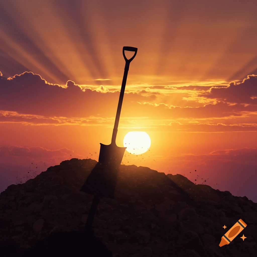 A shovel stands upright, silhouetted against a vibrant orange and purple sunset with sun rays, on a pile of dirt.
