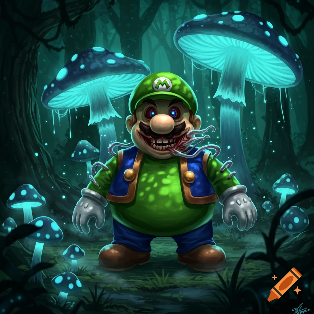 A creepy, distorted Luigi-like character with glowing eyes and tentacles emerging from his mouth stands in a dark, magical forest surrounded by glowing blue mushrooms.