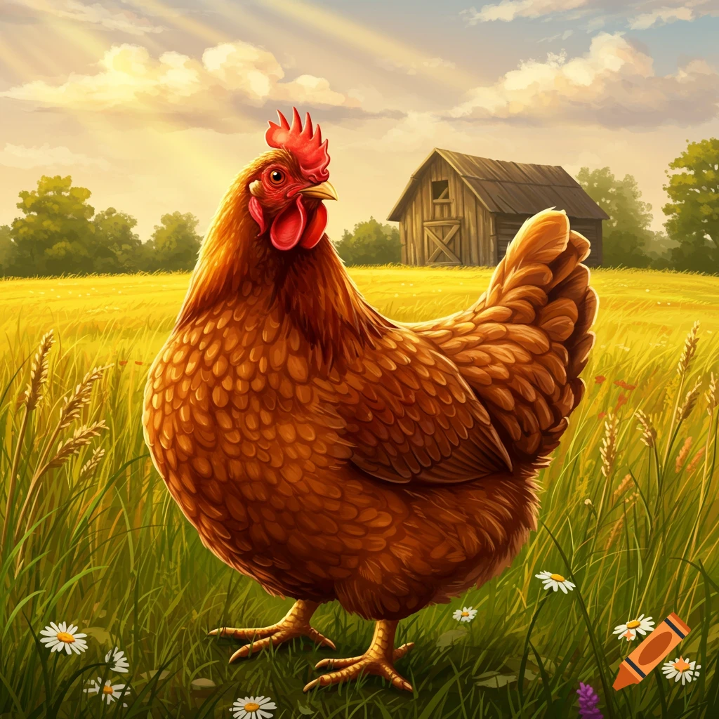 A brown chicken stands in a sunny green and yellow field with a wooden barn and trees in the background.