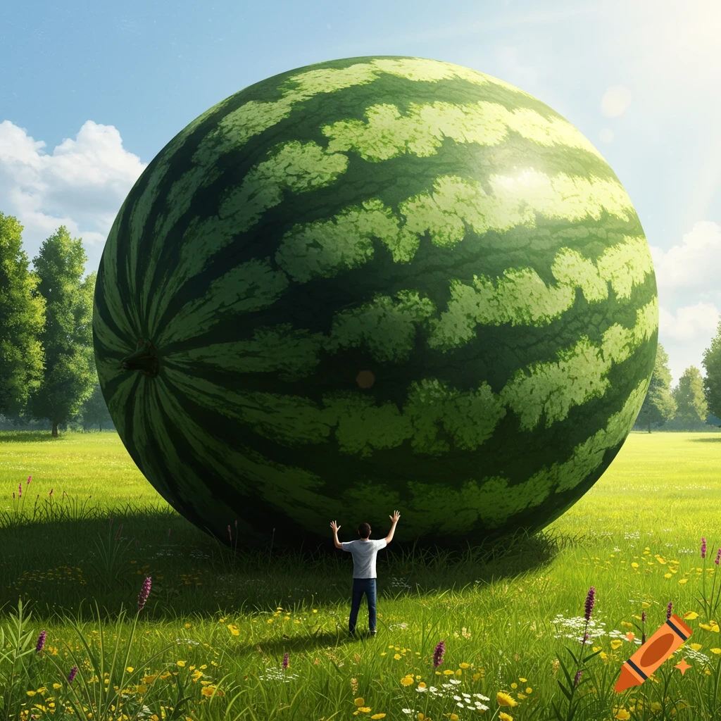A man stands in a sunny green field, arms raised, looking at a giant watermelon.