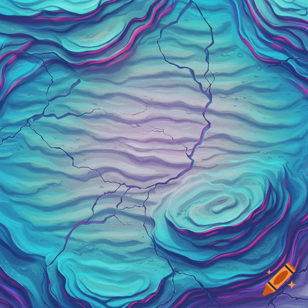 Vibrant abstract pattern of undulating turquoise, blue, and purple waves with pink accents, intersected by dark cracks on a textured surface.