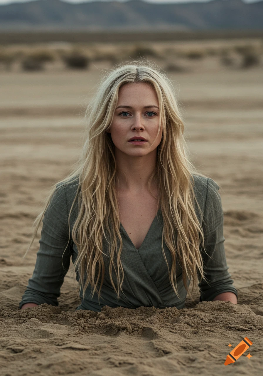 A woman with long blonde hair and a grey dress, buried chest-deep in sand in a desert, looks directly at the camera.